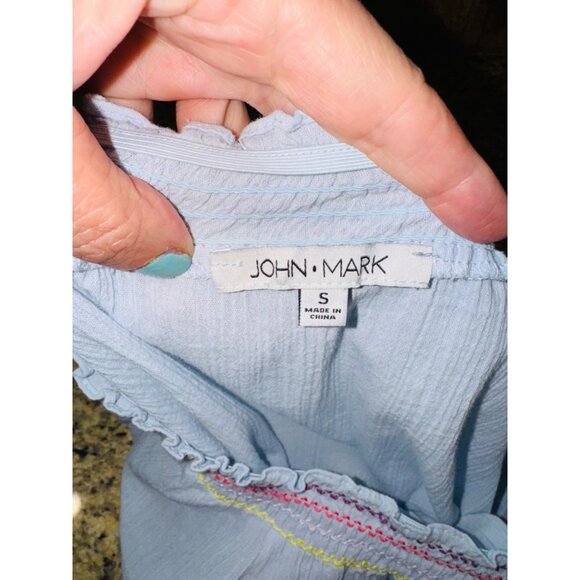 John Mark Boho Embroidered Peasant Top S Blue Off Shoulder Patchwork Ruffle Hem - Picture 6 of 8